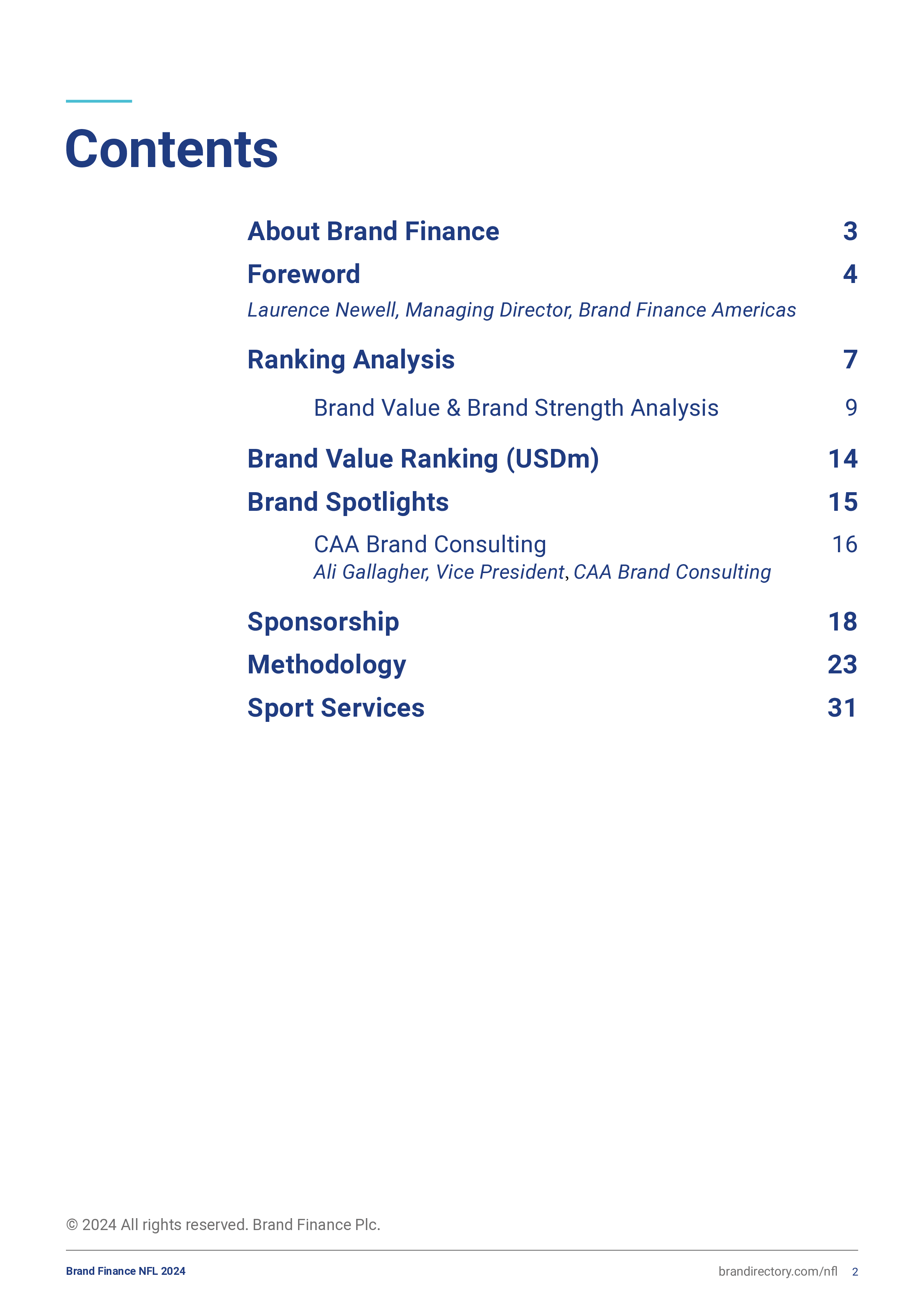 BrandFinance2024年美国国家橄榄球联盟NFL品牌价值及强度评估报告英文版41页